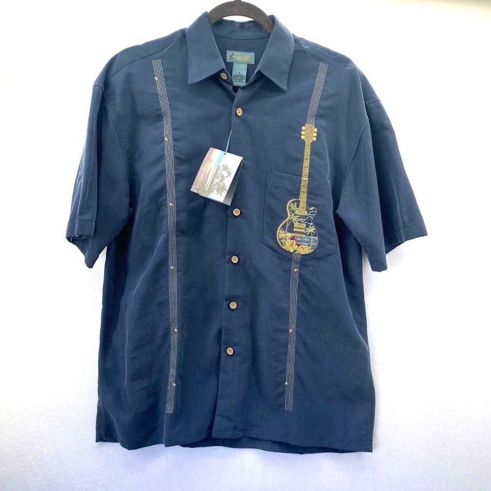 KAYLUA Resort Wear  Navy NWT Guitar Button Down Short Sleeve Mens Shirt Sz Small